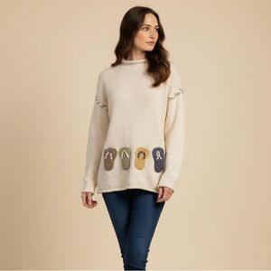 Elegant Cream Turtleneck Sweater with Flip-Flop Accents